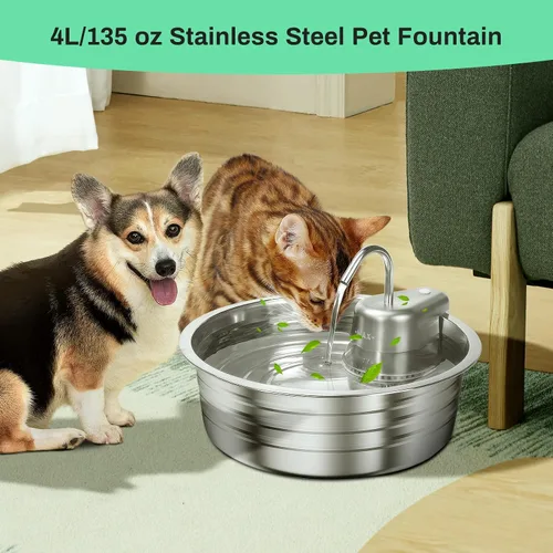 Miniatura 7 de Fuente de agua para gatos, fuente de acero inoxidable para mascotas de 4 L/135 onzas con 3 filtros, dispensador de agua para perros, fuente de agua