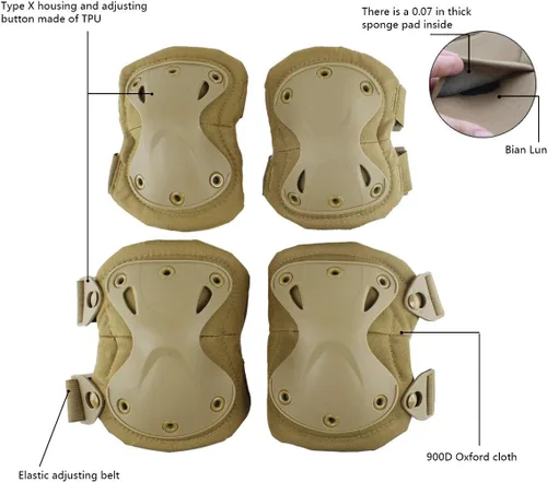 Miniatura 4 de Almohadillas Protectoras Tácticas de Combate para Rodilla y Codo para Juegos de Paintball CS al Aire Libre, Ciclismo, Seguridad, Equipo de Canela