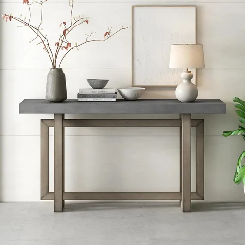 Miniatura 10 de Mesa de entrada de 59.1 pulgadas con chapa de pino, única mesa consola de diseño triple rectangular con patas gruesas de madera de pino, mesa