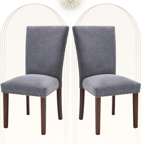 Miniatura 14 de COLAMY Juego de 2 sillas de comedor tapizadas Parsons, sillas de tela para comedor y cocina con detalle de cabeza de clavo y patas de madera
