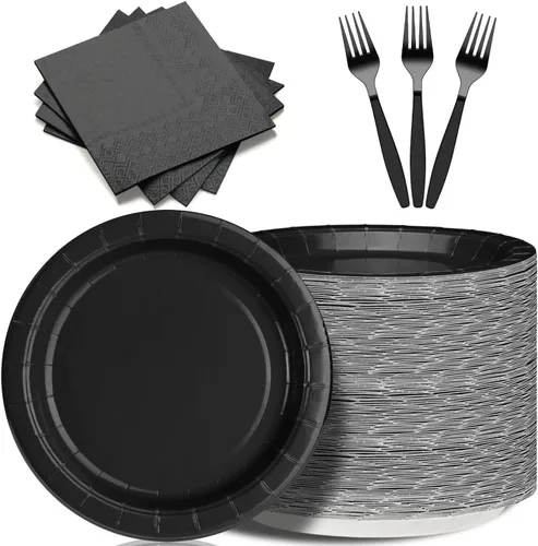 Platos y servilletas de papel negro para fiestas, platos de postre de 50 x 7 pulgadas, servilletas de 50 x 5 pulgadas y tenedores de 50 x 7.08