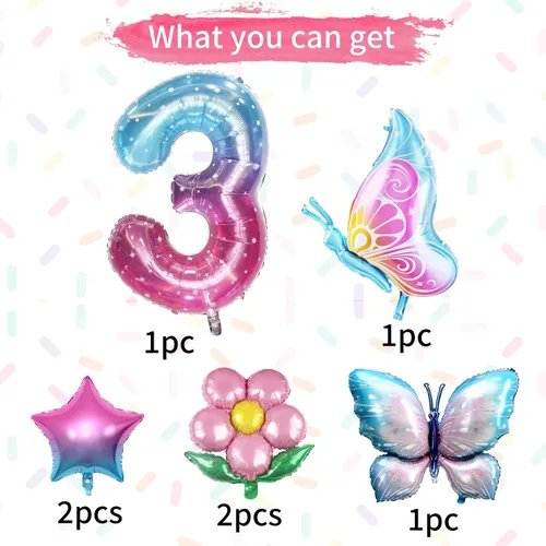 Miniatura 3 de Sowide Globo de mariposa para decoraciones de tercer cumpleaños, globos de mariposa, globos de mariposa rosa degradada, globo de Mylar