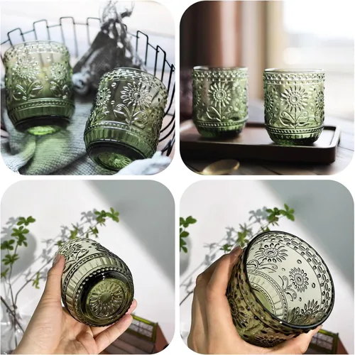 Miniatura 6 de Juego de 4 copas de vino vintage de 12 onzas con diseño floral en relieve verde con diseño de girasol, cristalería apta para lavavajillas