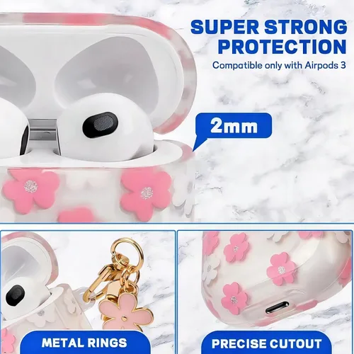 Miniatura 4 de Bonita funda compatible con AirPods 3 2021, diseño de patrón floral de dibujos animados para mujeres y niñas, funda protectora de silicona suave a