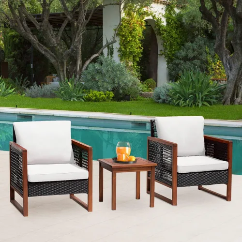 Miniatura 2 de Juego de muebles de patio de 3 piezas de madera de acacia para patio, juego de sillas de conversación al aire libre con cojines resistentes al agua