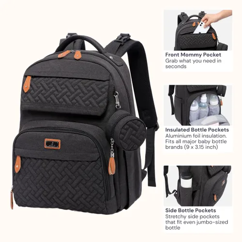 Miniatura 5 de BabbleRoo Mochila para pañales – Bolsa de pañales grande de viaje para bebé con cambiador, bolsas de bebé impermeables para mamá y papá, bolsas Negro