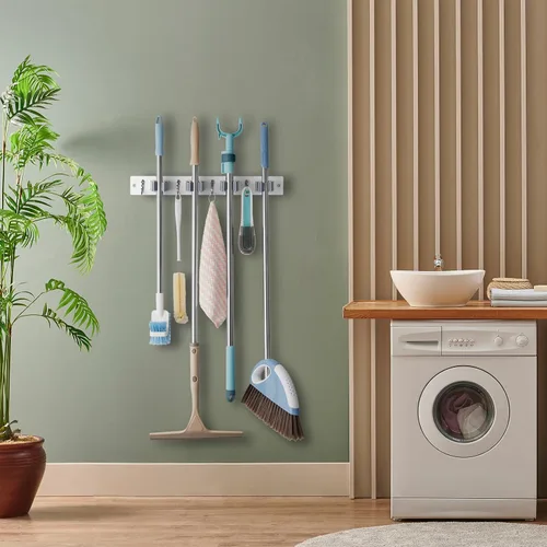 Miniatura 5 de OUTNILI Soporte de Pared Blanco para Escoba y Trapeador con 4 Ranuras y 4 Ganchos - Colgador de Madera para Escoba y Trapeador para Organización