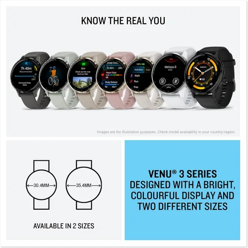 Miniatura 5 de Garmin Venu 3S (reacondicionado) Reloj inteligente con bisel de acero inoxidable dorado suave de 1.2 pulgadas, pantalla táctil AMOLED con caja rosa