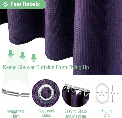 Miniatura 5 de Dynamene cortina de ducha de tela púrpura - Cortinas de baño de tela de poliéster pesadas con textura de gofre de 256GSM, de lujo para hotel, con 12