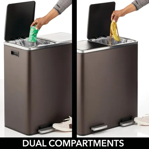 Miniatura 3 de mDesign Cubo de basura grande de acero de metal de 16 galones/60 litros; cubo de basura de doble compartimento/combo de reciclador para cocina