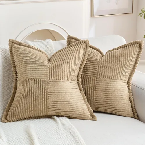 Miniatura 12 de HAUSSY Paquete de 2 fundas de almohada de 22 x 22 pulgadas, fundas decorativas de pana suave, estilo bohemio a rayas sólidas, fundas de cojín