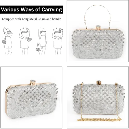 Miniatura 5 de DA BODAN - Bolso de noche para mujer, estilo vintage, con cuentas y lentejuelas y perlas, bolso de hombro para boda, novia, fiesta de graduación