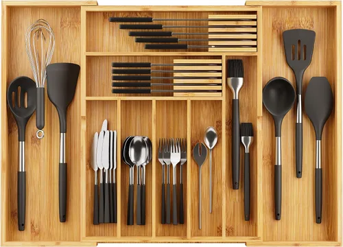 Miniatura 10 de BAMEOS Organizadores de cajones de bambú para cubiertos, organizador de cajones de utensilios de 11.9 pulgadas para cajones de cocina, organizador
