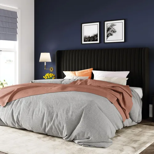 Allewie - Base de cama tamaño King con cabecera acolchada en terciopelo y diseño acanalado vertical; plataforma de cama tapizada; listones de madera