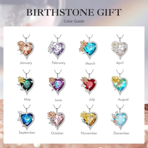 Miniatura 7 de VOROCO Collar de piedra natal de cristal en forma de corazón con flores de cumpleaños, collar de plata de ley 925 con colgante de amor para mujer