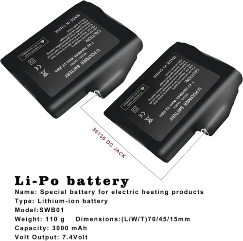 Miniatura 2 de Sun Will Baterías recargables de polímero de litio de 7.4 V 3000 mAh para guantes calentados, calcetines, sombreros, pasamontañas, máscara de esquí
