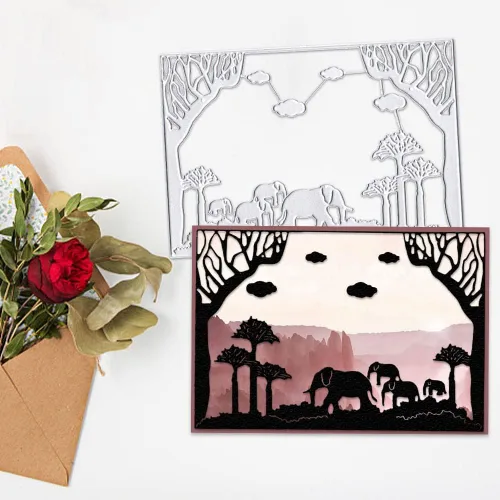 Miniatura 3 de Troqueles de corte de fondo de elefantes, animales, marco de fondo, troqueles para hacer tarjetas, fondo de árboles, troquelado, plantilla