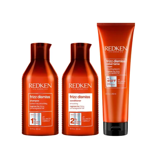 Redken Frizz Dismiss Champú, acondicionador y tratamiento Rebel Tame Set para cabello encrespado - Suaviza el cabello y maneja el encrespamiento