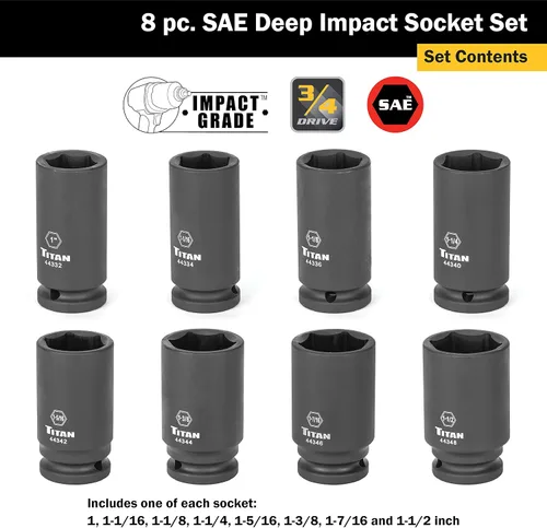 Miniatura 3 de Titan 44300 Juego de llaves de vaso de impacto profundo SAE de 8 piezas de 3/4