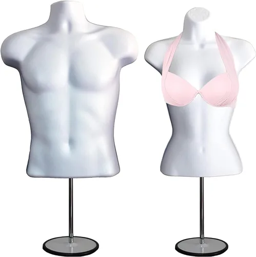 Miniatura 12 de Torso de maniquí masculino y femenino con soporte de metal, cuerpo hueco en la espalda, forma de vestido apilable para exhibición de camisetas, Gris