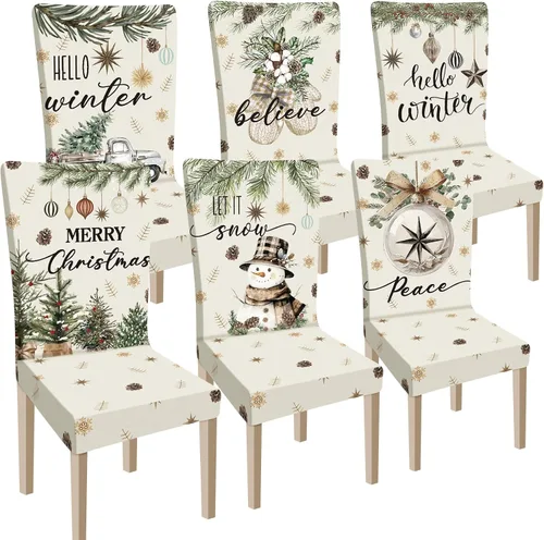 Miniatura 9 de Ganeen 6 piezas de fundas para sillas navideñas, funda para respaldo de silla de Navidad, funda elástica para asiento de Navidad lavable, protector