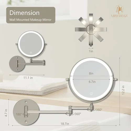 Miniatura 6 de Espejo de maquillaje recargable montado en la pared iluminado para el tocador de 20 centímetros de doble cara con aumento 1X 10, espejo de baño