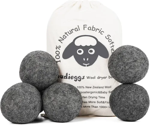 Budieggs Bolas secadoras de lana gris oscuro XL, paquete de 6, suavizante de tela 100% orgánico de Nueva Zelanda para más de 1000 cargas, seguras