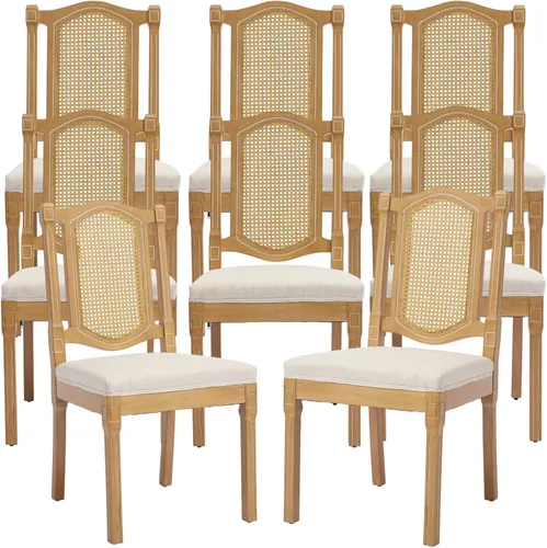 Miniatura 91 de Juego de 2 sillas de comedor de campo francés, sillas de comedor de madera de granja beige, silla de comedor con respaldo tejido con cojín tapizado