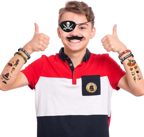 Miniatura 6 de 144 piezas de suministros de fiesta pirata incluyen pulsera pirata náutica tatuaje botón pin ojo parche oro moneda gema anillo bigote organza bolsa