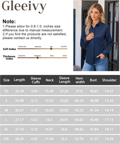 Miniatura 8 de Gleeivy Camisa con botones para mujer, solapa con botones ocultos, ligera, transpirable, resistente a las manchas, manga larga, trabajo e informal
