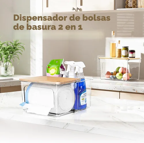 Miniatura 3 de iCASA Soporte dispensador de bolsas de basura – Organizador de acrílico 2 en 1 para debajo del fregadero, contenedor de bolsas de basura con tapa