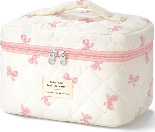 Miniatura 14 de HBselect Bolsa de Maquillaje Acolchada, Bolsa de Maquillaje Grande de Algodón para Viaje, Lindas Bolsas de Maquillaje con Flores Coquette, Bolsas