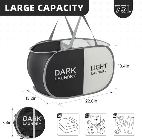 Miniatura 3 de Cesta plegable para la ropa sucia duradera con 2 compartimentos para clasificar y almacenar, cesta portátil para ropa sucia para dormitorio, cuarto