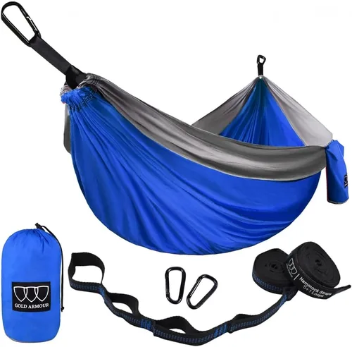 Miniatura 14 de Gold Armour hamaca de campamento, de tela de paracaídas, de marca estadounidense, tamaño único, 2 correas para árbol, 10 trabillas/20 pies Gris/Azul