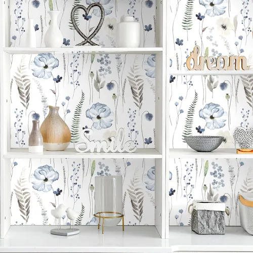 Miniatura 6 de VEELIKE Papel tapiz floral azul de acuarela para despegar y pegar, papel tapiz botánico de helecho bohemio para dormitorio, baño, guardería, 17.7 x