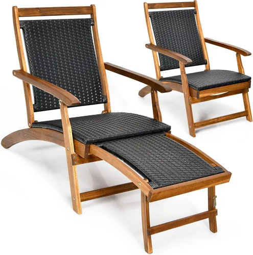 Miniatura 9 de COSTWAY Marco de madera plegable de la silla de salón de la rota del patio W/el reposapiés retráctil