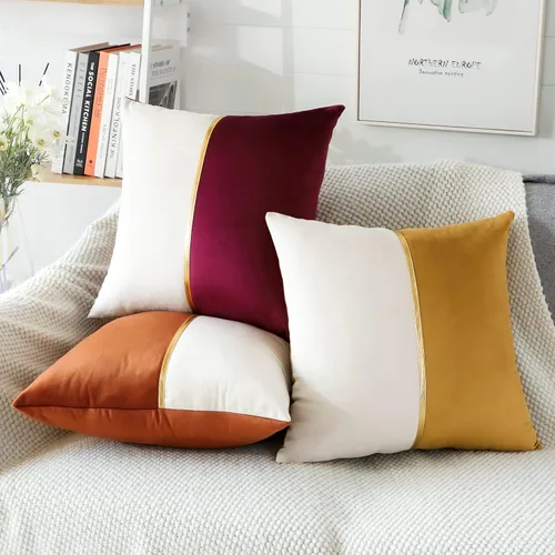 Miniatura 7 de OTOSTAR Fundas de cojín de terciopelo en rojo vino y blanco con parche de cuero dorado, lujo moderno minimalista, fundas de almohada cuadradas