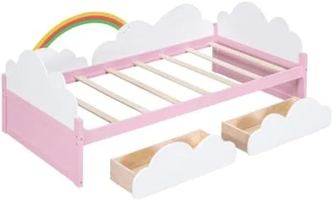 Miniatura 5 de Cama de tamaño individual con nubes – Base de cama artística con elementos del cielo y toque verde – Perfecto para niñas – Cama divertida e
