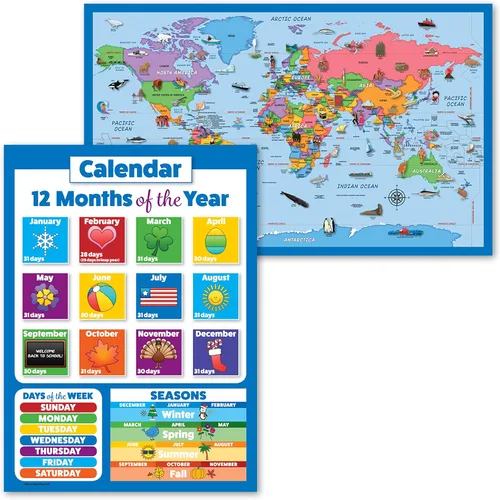 Paquete de 2 pósteres de mapa del mundo para niños [ilustrado] + calendario de días de la semana y meses del año para niños (laminado, 18 x 29