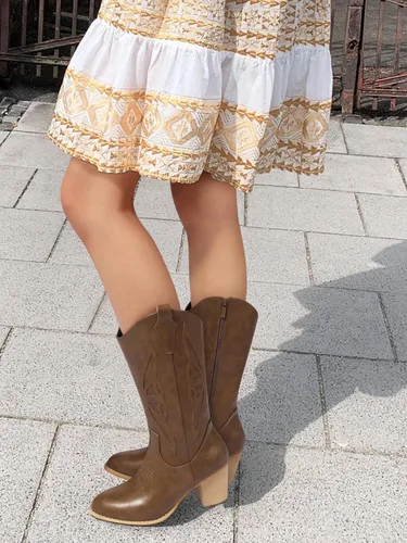 Miniatura 5 de SHIBEVER Botas vaqueras para mujer Medio Botas vaqueras negras de pantorrilla ancha con bordado occidental de tacón alto con punta redonda