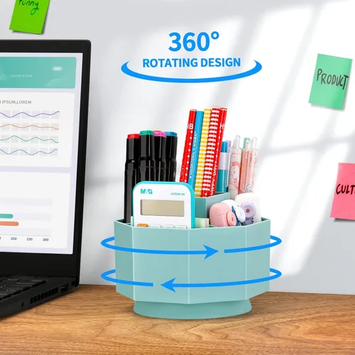 Miniatura 5 de LETURE Organizador de escritorio, soporte para lápices giratorio de 360 grados, 5 compartimentos, organizador de escritorio estacionario, caja