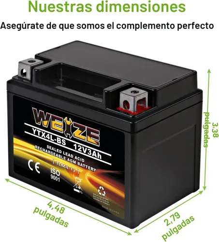 Miniatura 3 de Weize YTX4L-BS - Batería de motocicleta sellada recargable de alto rendimiento compatible con Polaris Scrambler, Sportsman 90, Honda Scooters NQ50