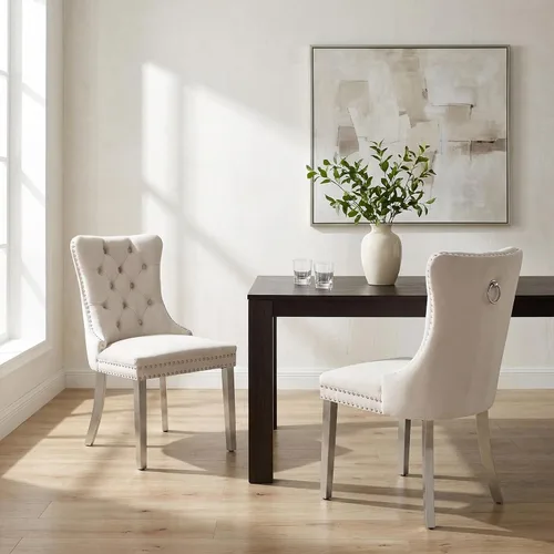 Miniatura 21 de OVENTA Juego de 4 sillas de comedor modernas tapizadas copetudas, terciopelo negro y gris y cuero con patas de madera maciza, sillas de cocina