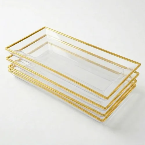 Bandeja de Servir de Plástico Transparente (Paquete de 4) Bandejas y Platos Desechables Transparentes con Borde Dorado para Servir Alimentos -