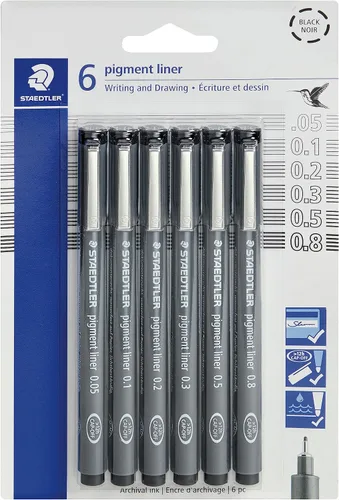 Paquete de Delineadores Pigmento Staedtler, Negro, 6 Lápices, Anchos de Línea Surtidos, 0.05mm, 0.1mm, 0.2mm, 0.3mm, 0.5mm, 0.8mm