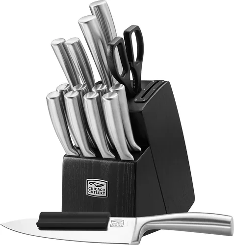 Chicago Cutlery - Juego de cuchillos Malden (16 piezas) con bloque de cocina de madera y afilador incorporado, mangos contorneados y juego de Acero