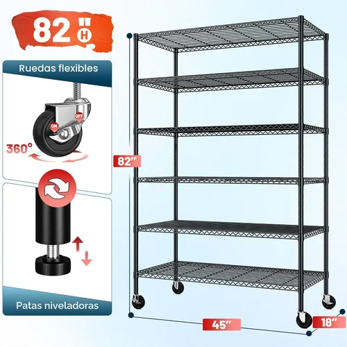 Miniatura 3 de Romorgniz Estantes de almacenamiento de 82 pulgadas de alto x 45 pulgadas de ancho x 18 pulgadas de profundidad con ruedas, estantería de alambre