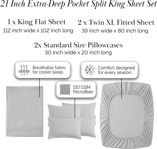 Miniatura 171 de Southshore Fine Living, Inc. Juego de 7 piezas de sábanas King divididas para cama ajustable, juego de sábanas King divididas con bolsillo de 21