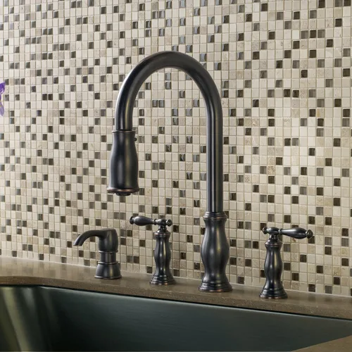 Miniatura 6 de Pfister Hanover - Grifo de cocina con rociador desplegable y dispensador de jabón, 2 mangos, 4 agujeros, arco alto, acabado en bronce toscano