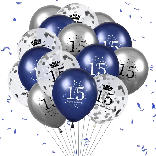 Globos azules de cumpleaños número 15, 15 globos de feliz cumpleaños azul marino y plateado para niño o niña, látex, inflables, confeti